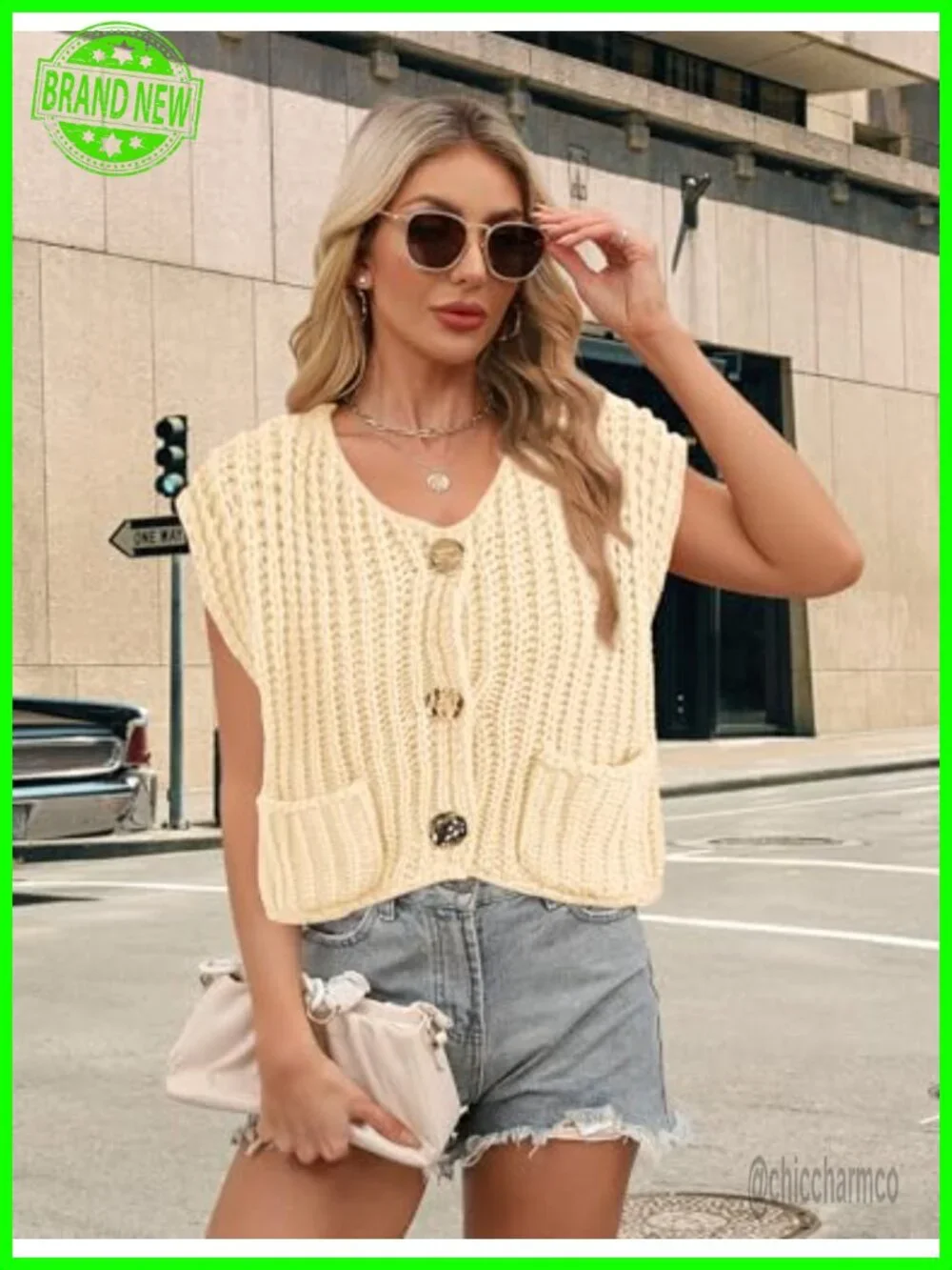Cropped Sweater Vest Sleeveless Chunky Knit Cardigan Button Front Top with